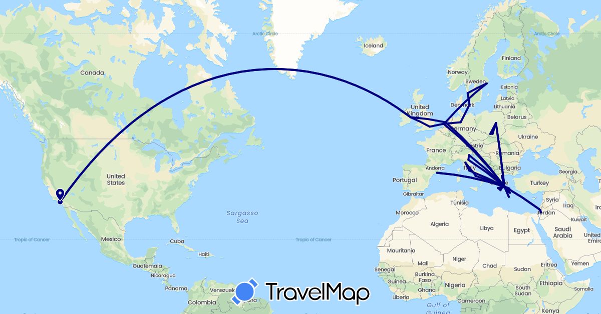 TravelMap itinerary: driving in Germany, Denmark, Spain, United Kingdom, Greece, Ireland, Israel, Italy, Netherlands, Poland, Sweden, United States (Asia, Europe, North America)